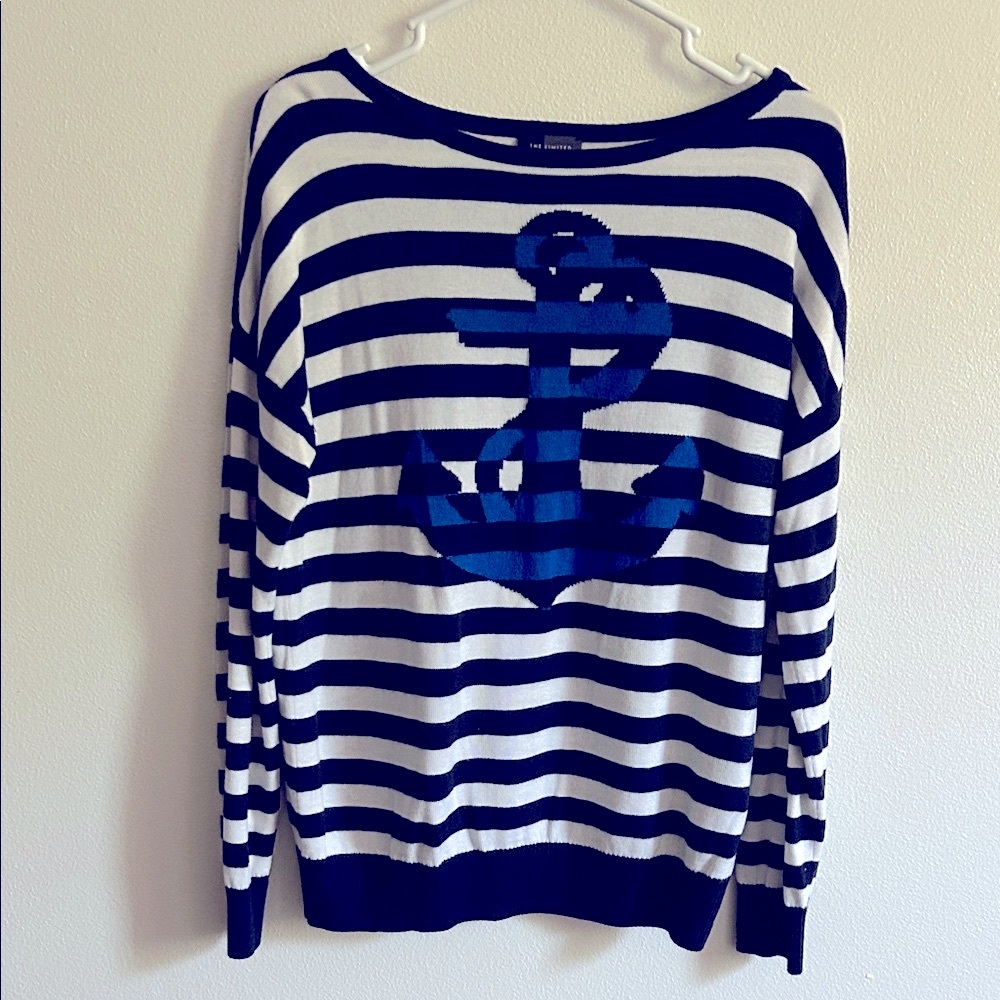 The Limited Women Navy/White Striped Anchor Viscose/Nylon/Wool Nautical Sweater